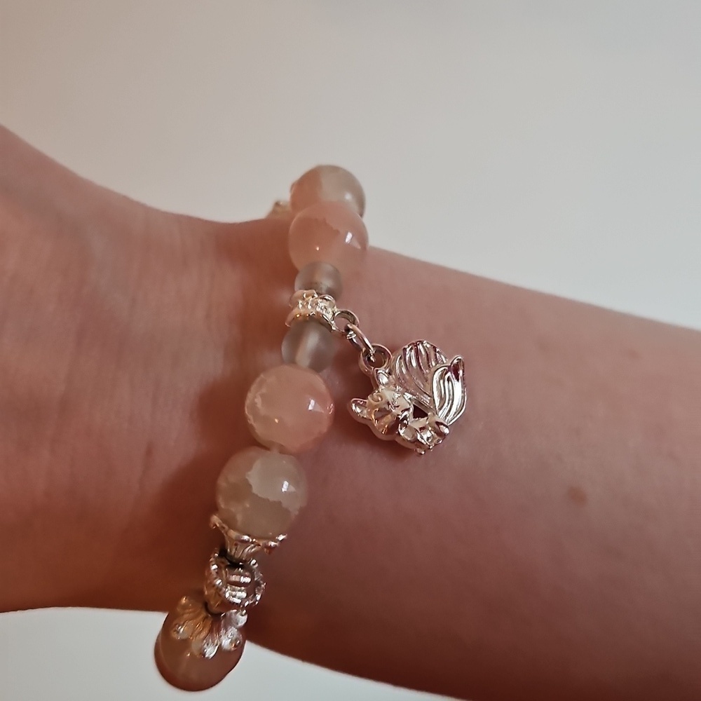 Elegant Silver and Pink Beaded Cat Charm Bracelet, NWOT!